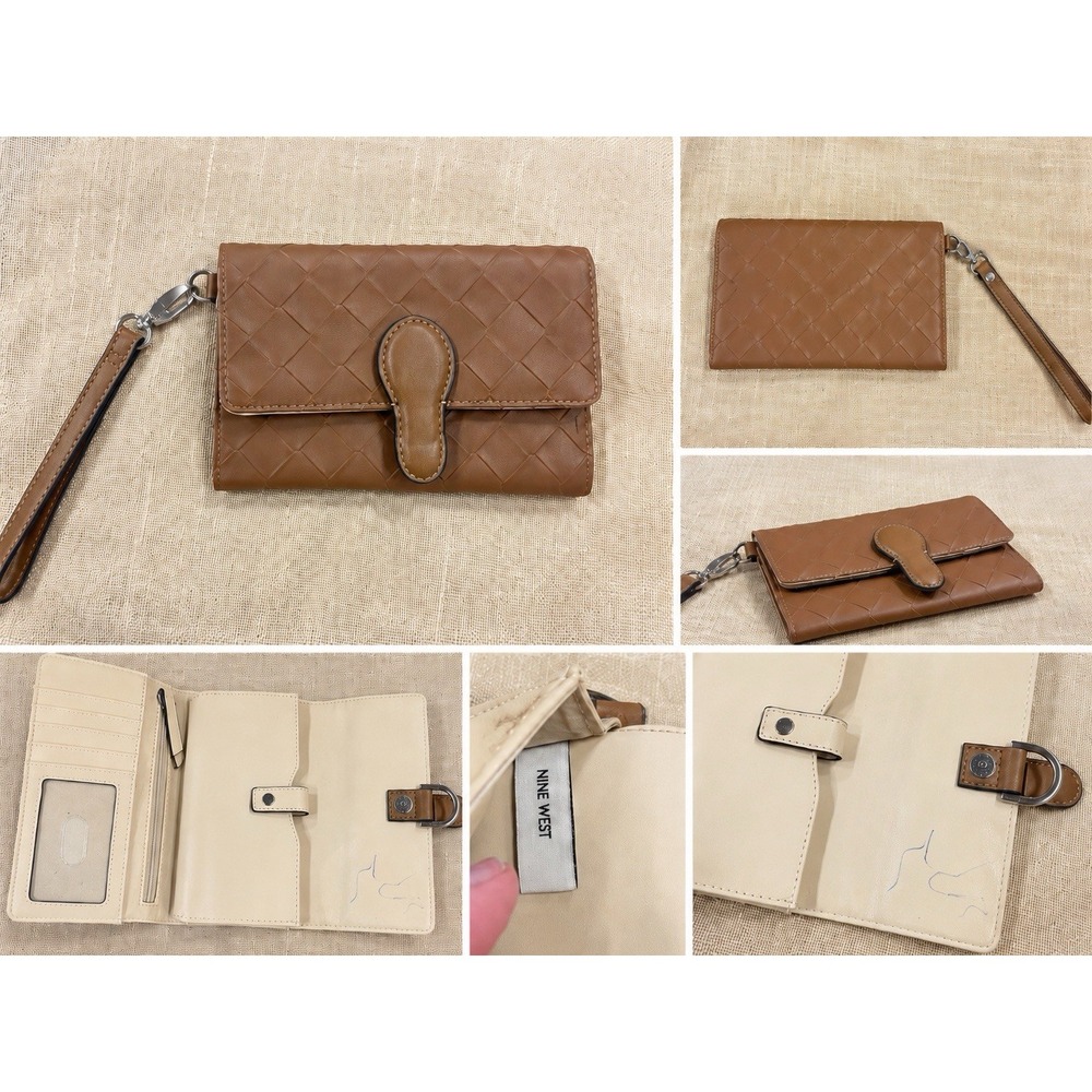 Nine West Brown Woven Wristlet Wallet Clutch Organizer Silver Tone Hardware